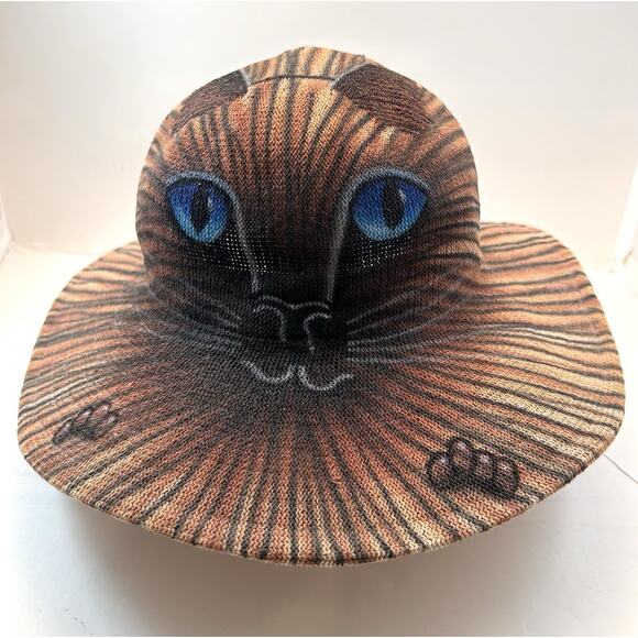Tide‎ Fashion Wide Brim Sun Hat Cat Face Summer Straw Beach Blue Eyes Animal - Picture 1 of 8
